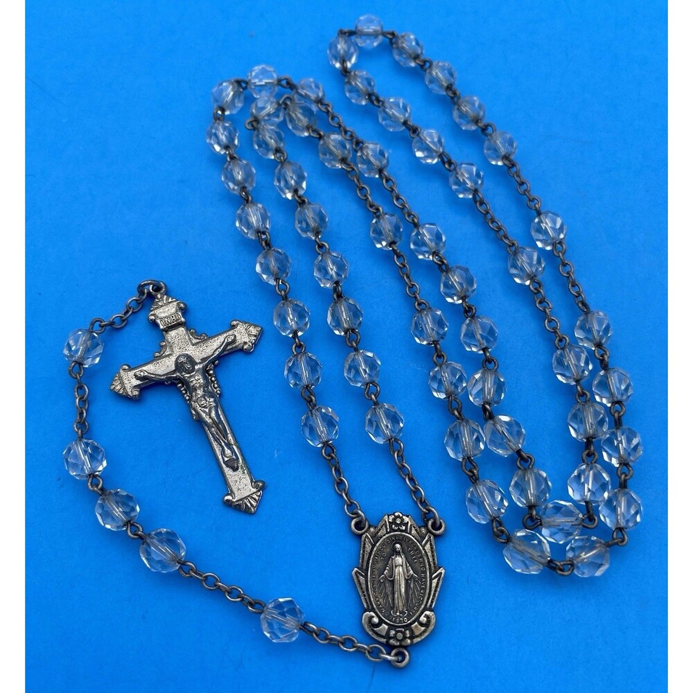 Vintage DiRoma Sterling Silver Clear Crystal Faceted Glass Rosary 20” Catholic